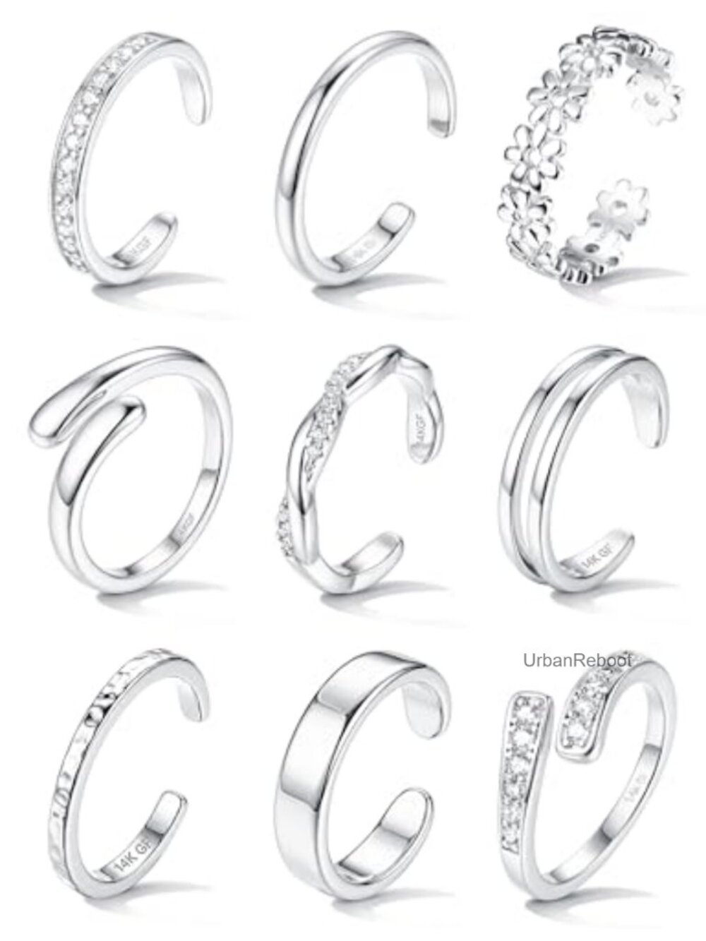 9pc 14K Gold Filled Toe Rings Set Non Tarnish Adjustable